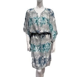 Ariat Teal Abstract Western Dress Batwing Sleeves Cinch Waist Tie Size Large